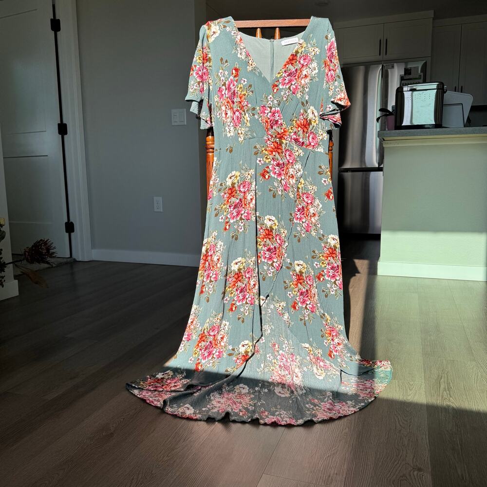 Azalosie Floral Maxi Dress XXL Sage Green Faux Wrap High Low Boho Cottagecore